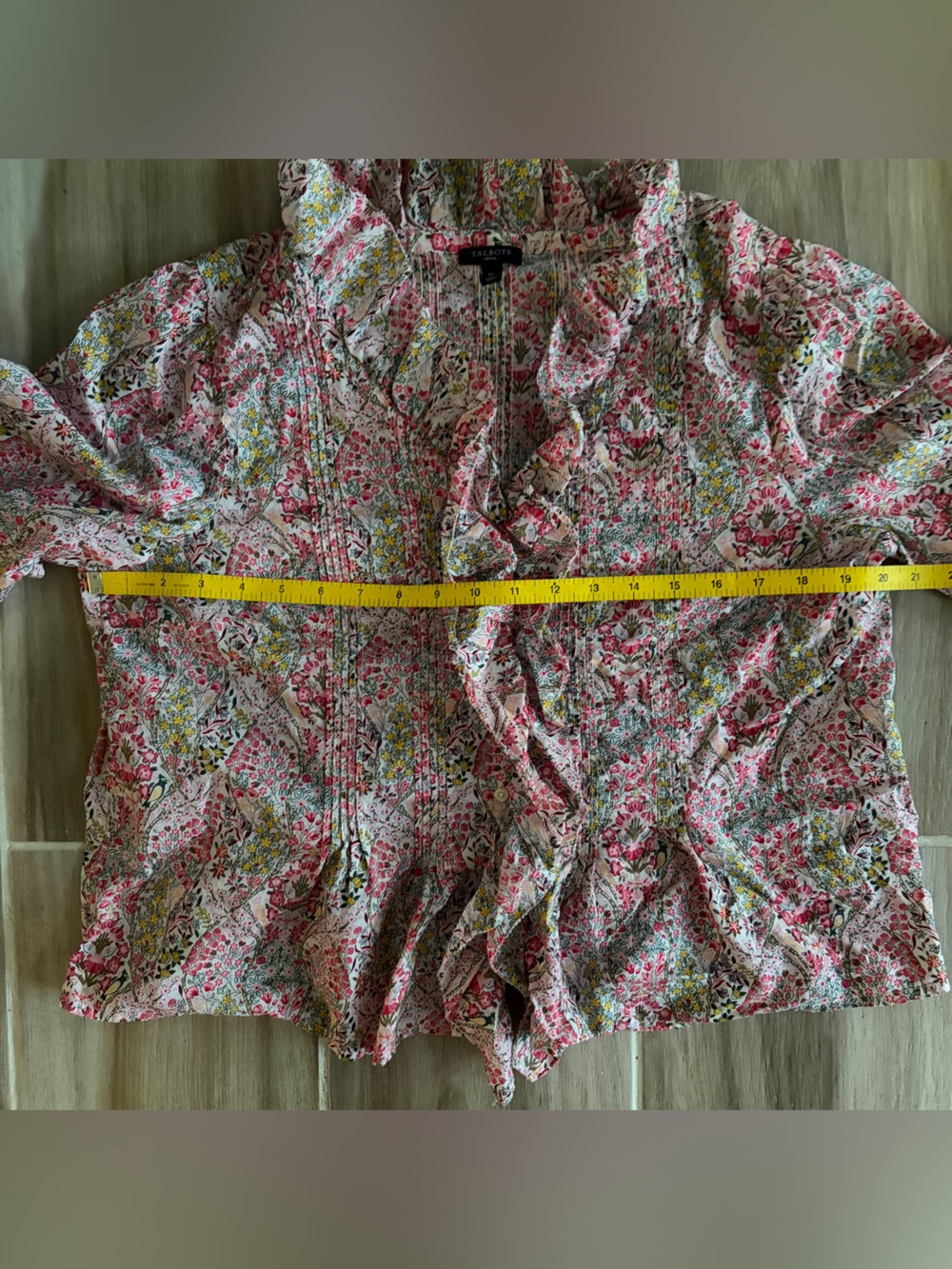 Talbots | Pintuck Ruffle V-Neck Blouse - Pink Branching Floral | Women’s LP - Picture 10 of 11